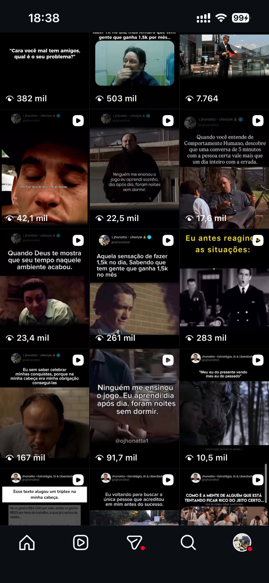 Grid de reels virais com centenas de milhares de views